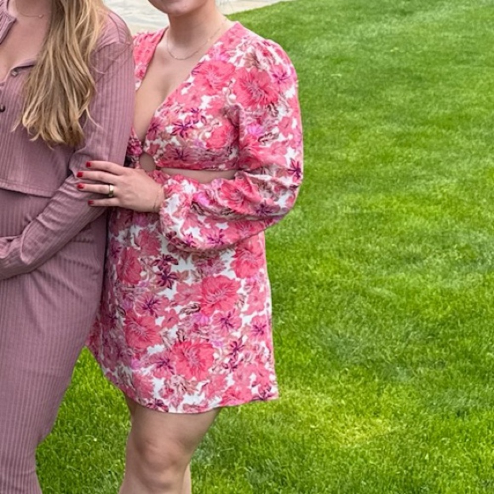 Floral Pink Long Sleeve Mini Dress with Cutout Details - Picture 3 of 6